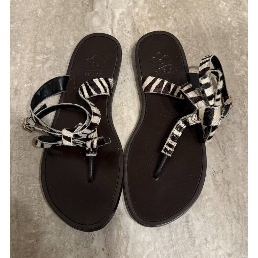 Farm Rio Brown Leather Thong Strap Zebraβ Sandals Size 7 Animal Print Brazil